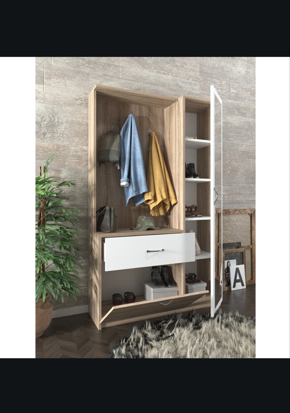 Mueble de entrada multifunción. Reina. Blanco y madera