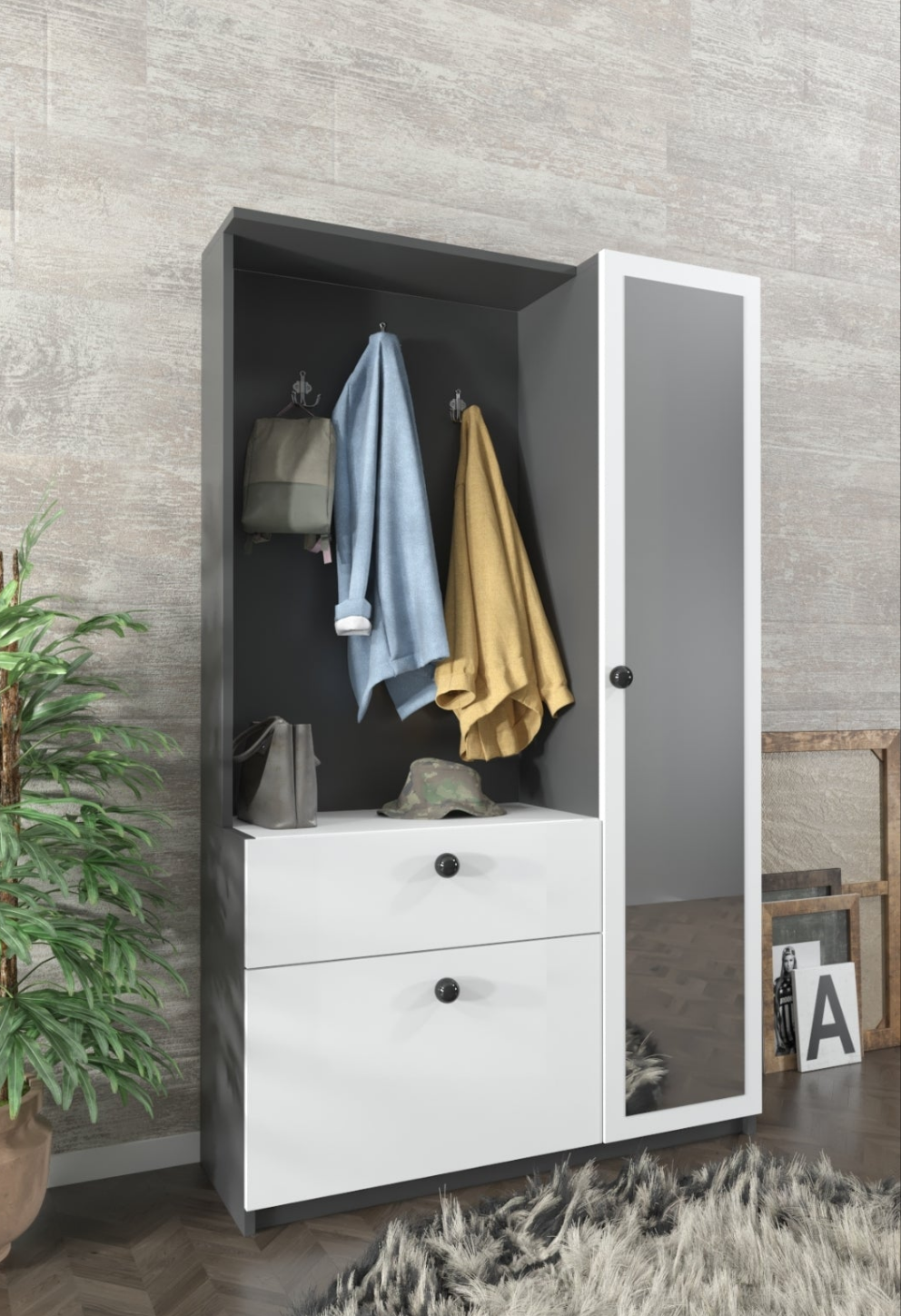 Mueble de entrada multifunción . Reina. Blanco y antracita