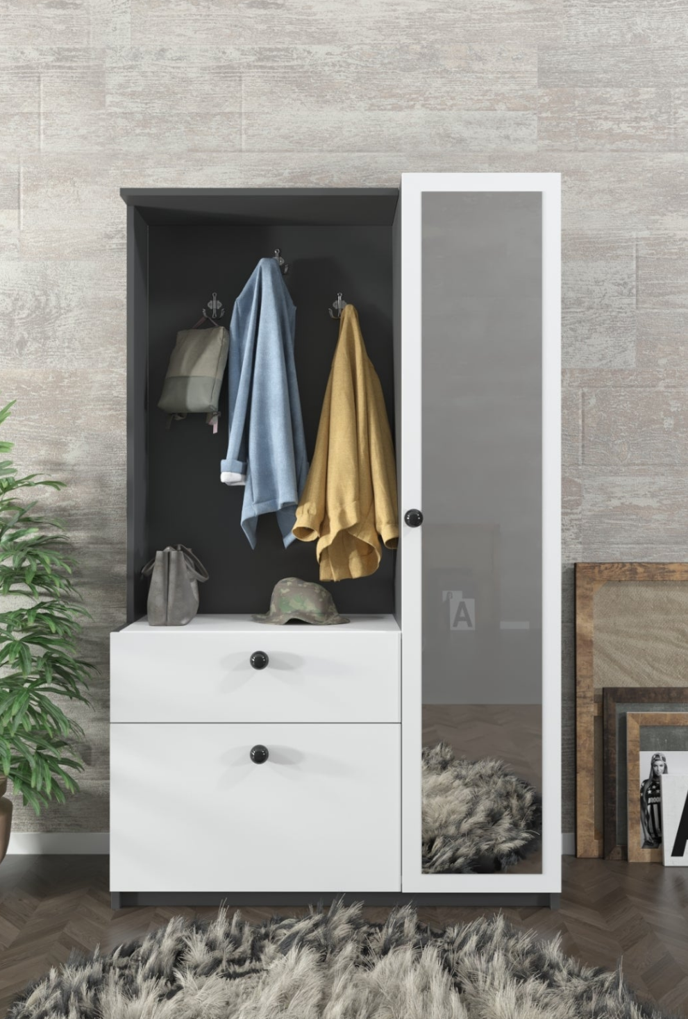Mueble de entrada multifunción . Reina. Blanco y antracita