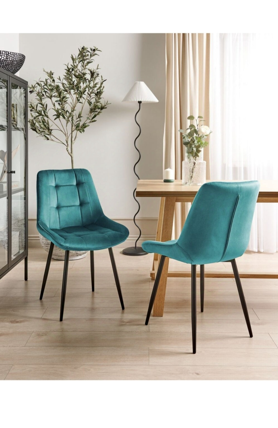 Conjunto de 2 sillas de comedor de terciopelo azul turquesa negro