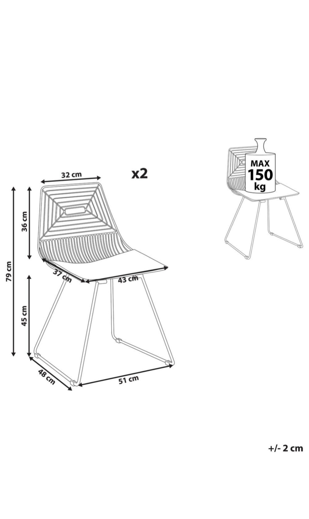 Conjunto de 2 sillas de metal plateado . Negro