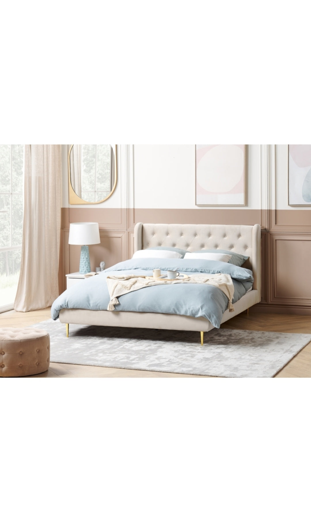 Cama con somier de terciopelo beige 140/200