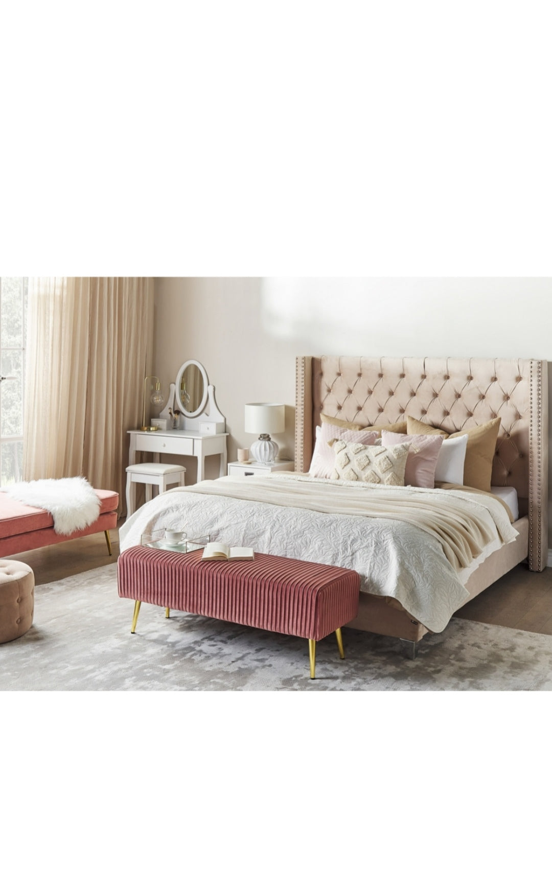 Cama con somier de terciopelo rosa pastel 180/200