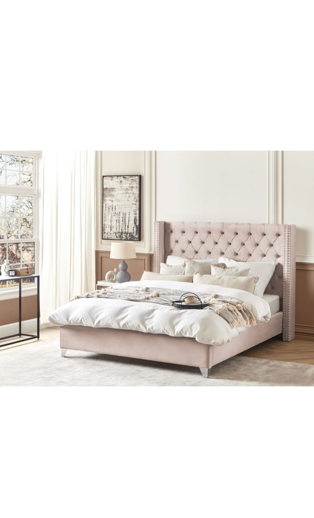 Cama con somier de terciopelo rosa pastel 180/200
