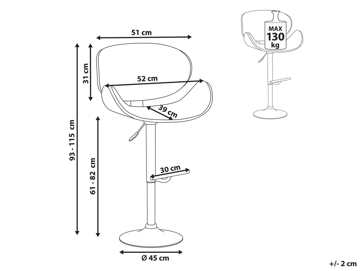 Silla de bar de piel sintética blanco/madera oscura/plateado