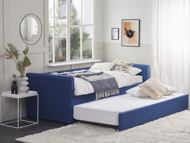 Cama con somier de poliéster azul marino
