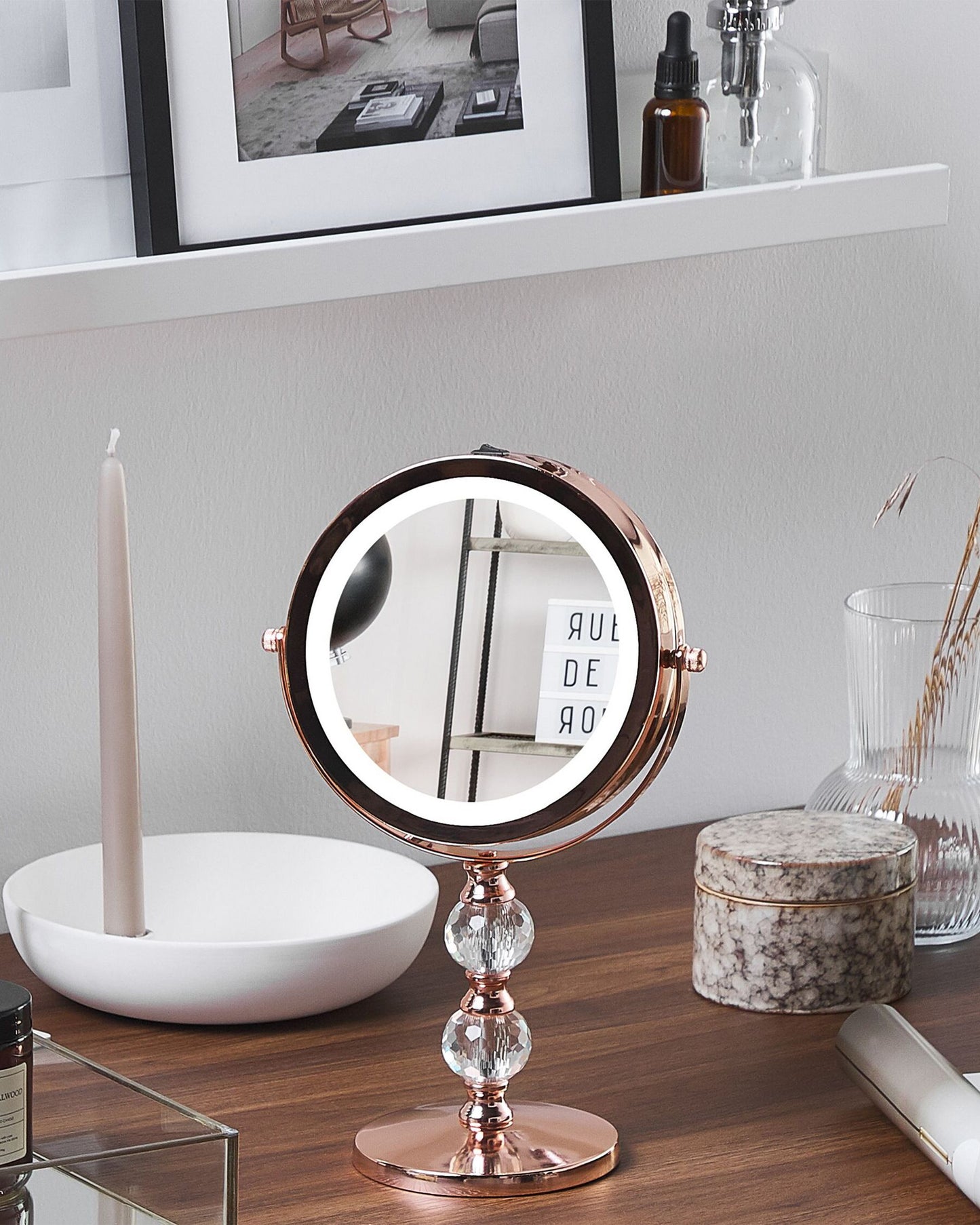 Espejo de maquillaje LED rosa dorado ø 18 cm