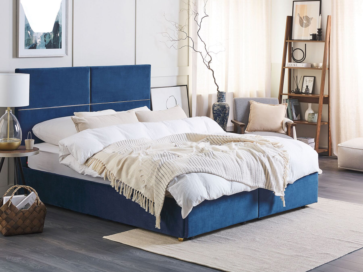 Cama con almacenaje de terciopelo azul marino/dorado 160 x 200 cm