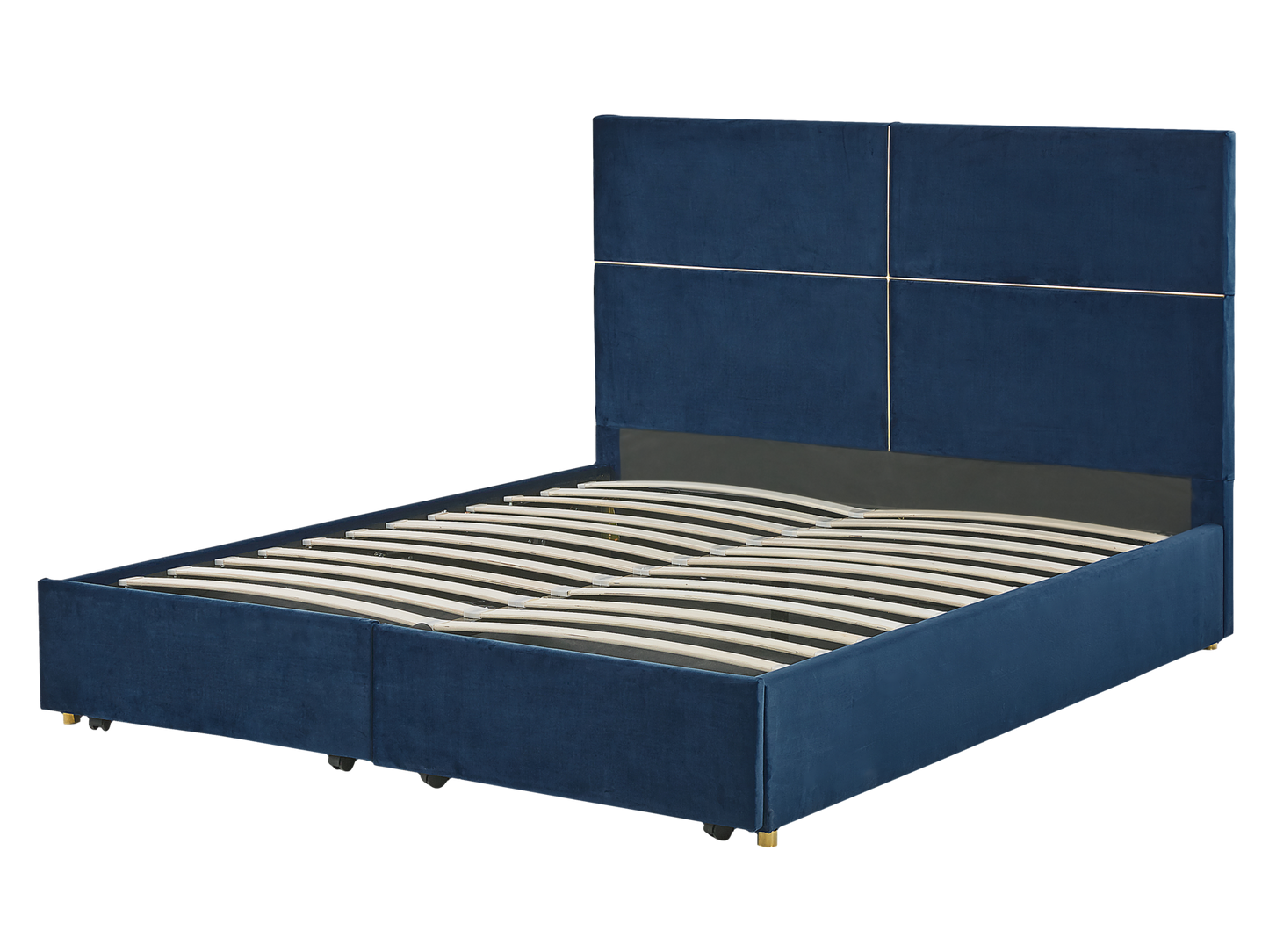 Cama con almacenaje de terciopelo azul marino/dorado 160 x 200 cm