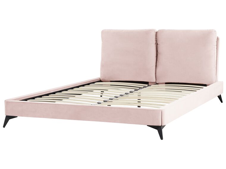 Cama con somier de terciopelo rosa pastel/negro