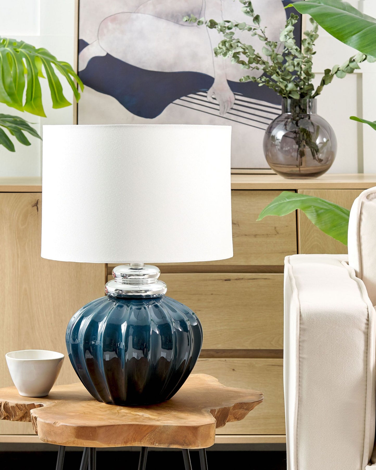 Lámpara de mesa de cerámica azul oscuro/blanco crema 45 cm