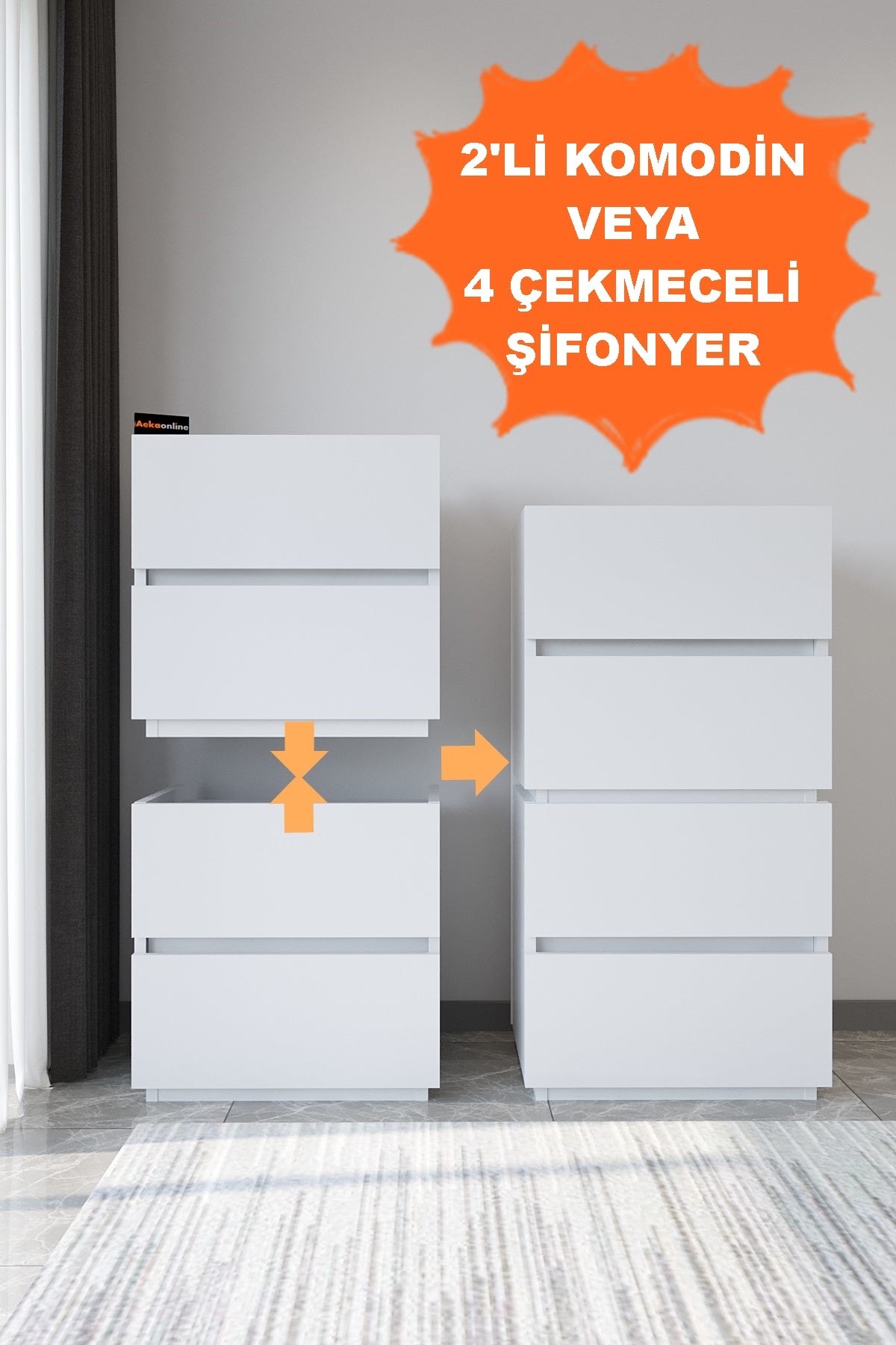 Juego de 2 Mesitas. Galata convertible en cómoda alta. Blanco