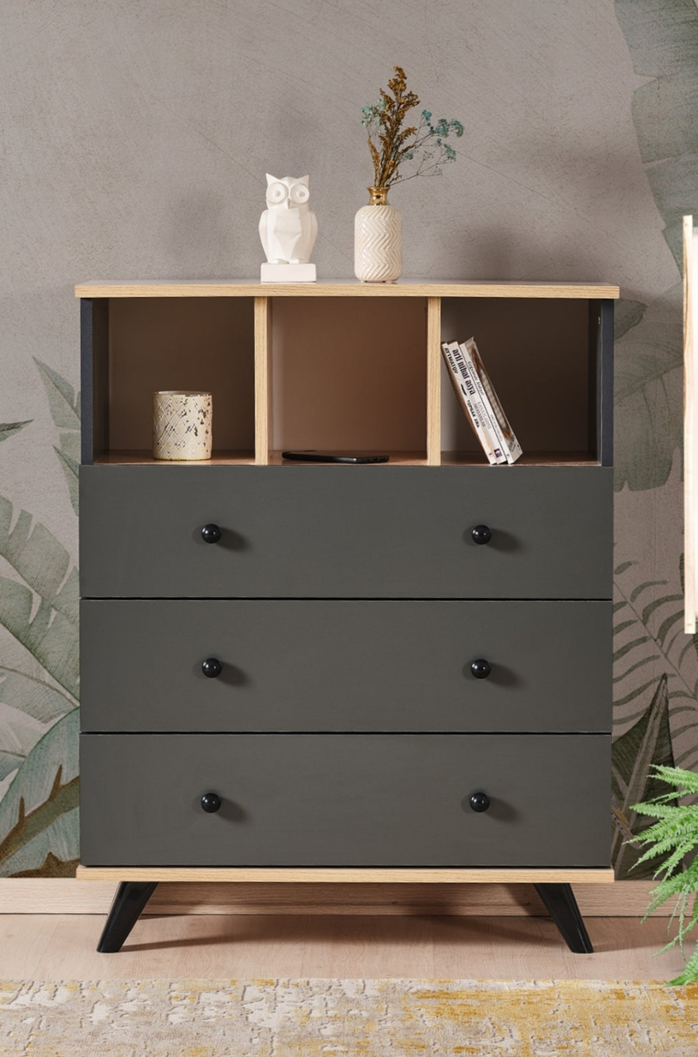 ---

Cajonera gris antracita .babil . de 3 cajones con espacio superior – Modernidad, estilo y