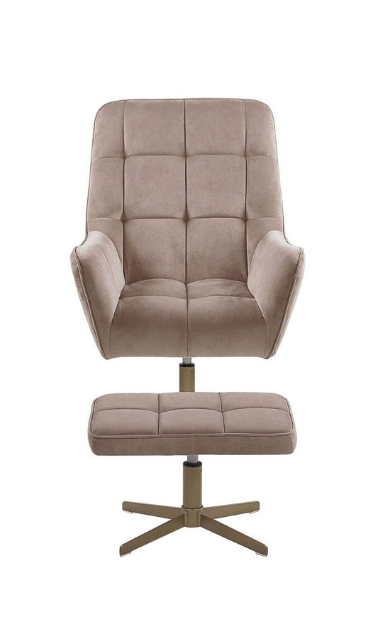 Sillón de terciopelo beige con reposapies