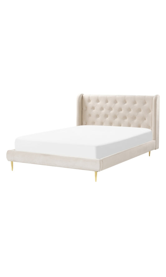 Cama con somier de terciopelo beige 140/200