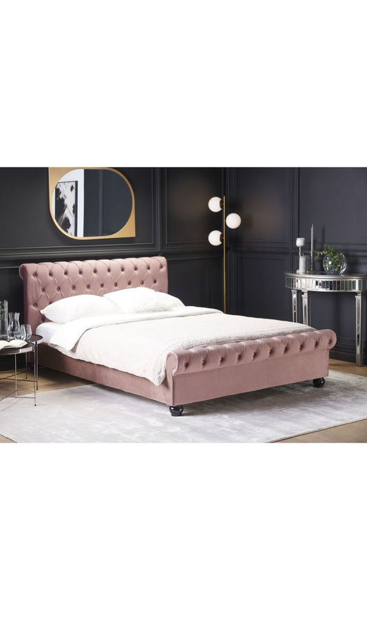 Cama con somier de terciopelo rosa 140/200