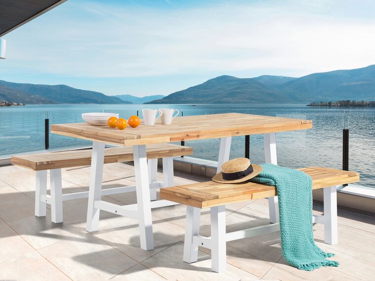 Mesa de comedor de madera de acacia clara/blanco
