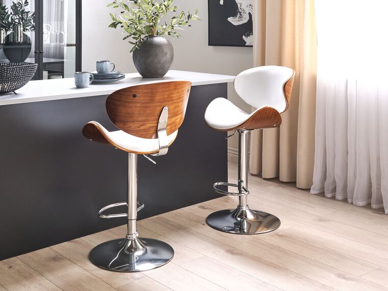 Silla de bar de piel sintética blanco/madera oscura/plateado
