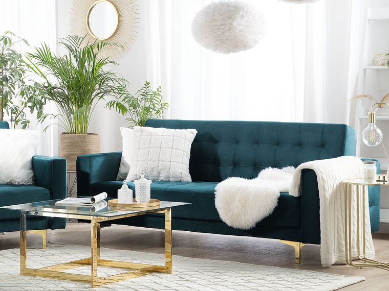 Sofá cama 3 plazas de terciopelo verde azulado/dorado