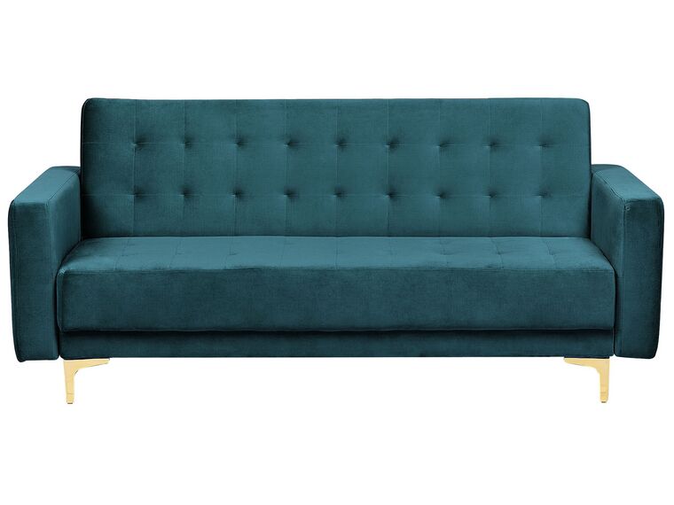 Sofá cama 3 plazas de terciopelo verde azulado/dorado