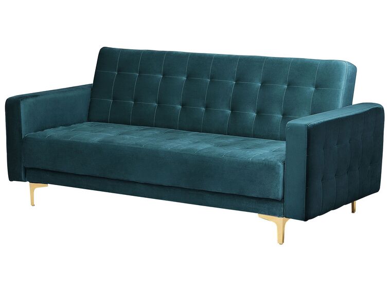 Sofá cama 3 plazas de terciopelo verde azulado/dorado