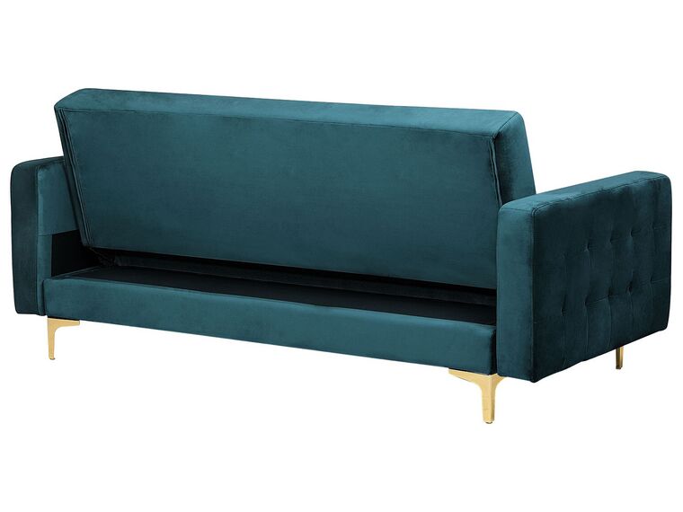 Sofá cama 3 plazas de terciopelo verde azulado/dorado