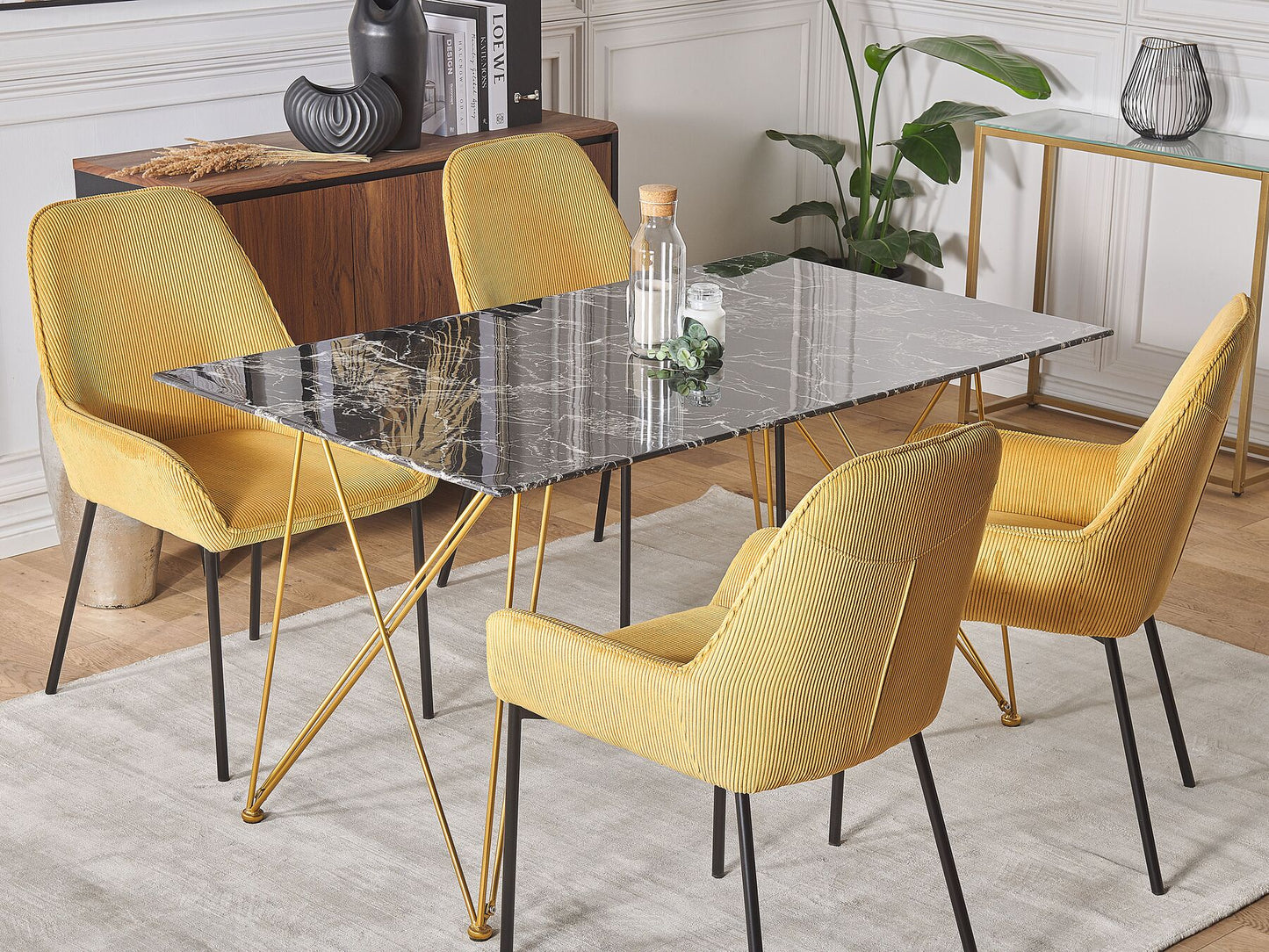 Mesa de comedor de vidrio templado blanco/negro/dorado 140 x 80 cm