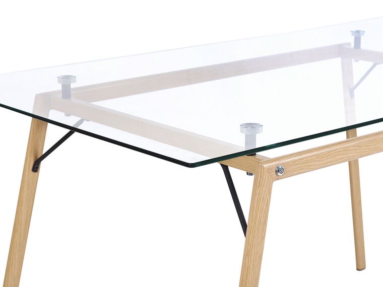 Actual Studio  Mesa de comedor de cristal templado transparente con base  de madera color blanco