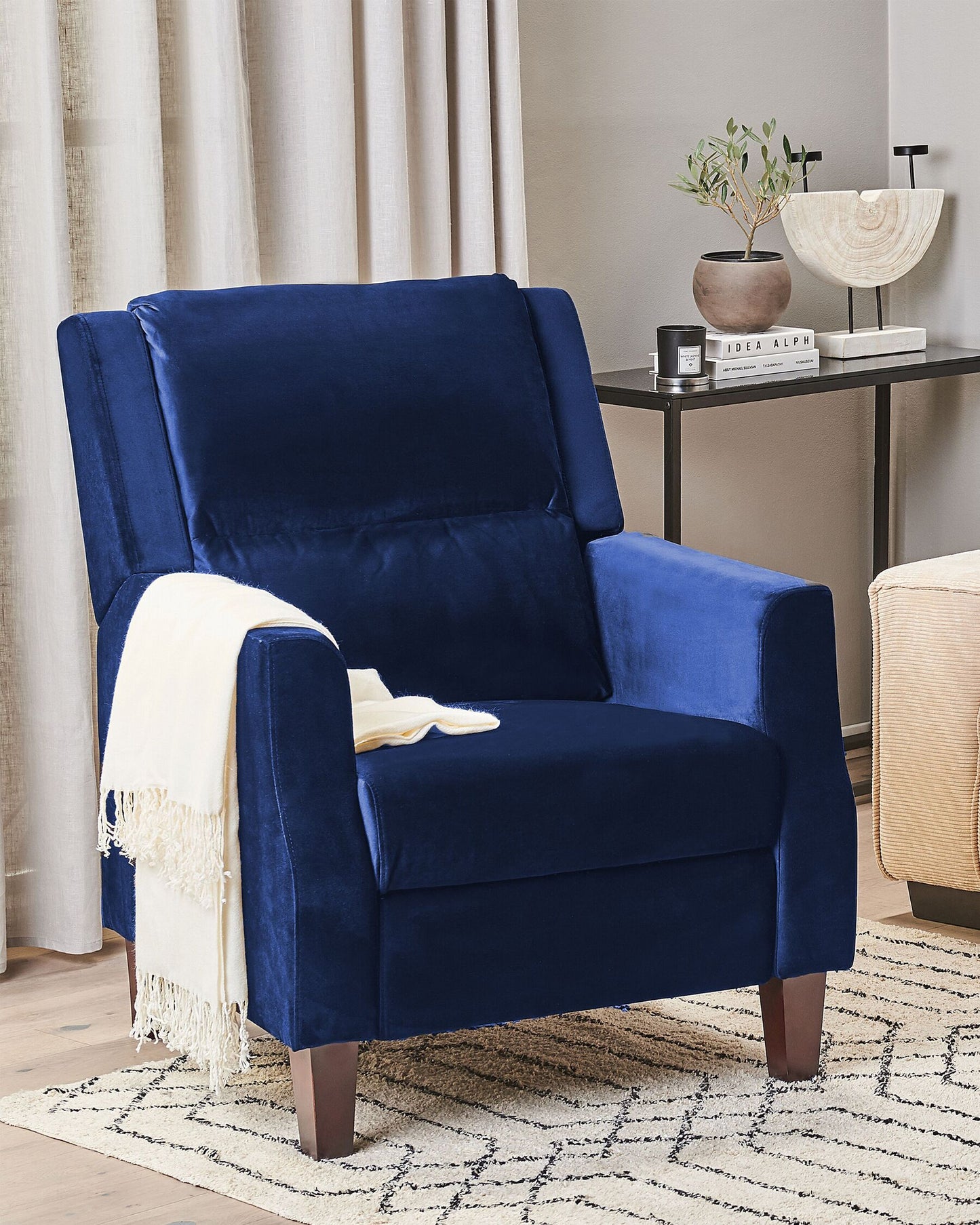 Sillón reclinable de terciopelo azul marino/madera oscura