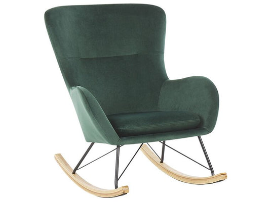 Silla mecedora de terciopelo verde oscuro/madera clara