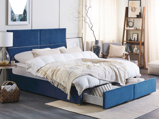 Cama con almacenaje de terciopelo azul marino/dorado 160 x 200 cm