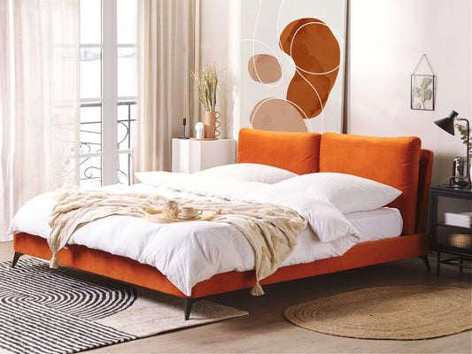 Cama con somier de terciopelo naranja/negro 140 x 200 cm