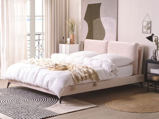Cama con somier de terciopelo rosa pastel/negro
