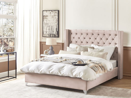 Cama con somier de terciopelo rosa pastel/plateado 180 x 200 cm