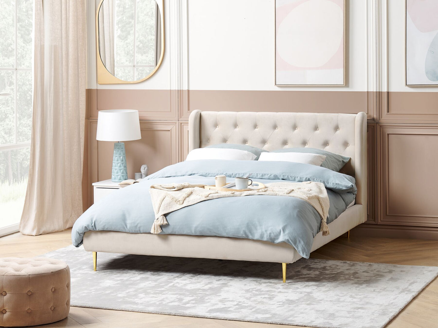 Cama con somier de terciopelo beige/dorado 160 x 200 cm
