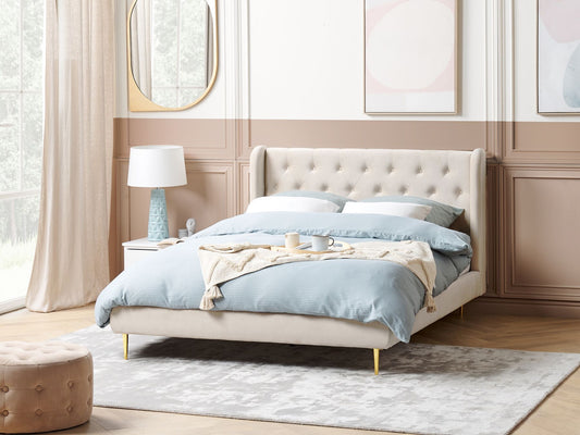 Cama con somier de terciopelo beige/dorado 160 x 200 cm