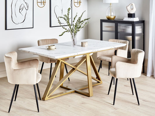 Mesa de comedor extensible blanco/dorado 160/200 x 90 cm