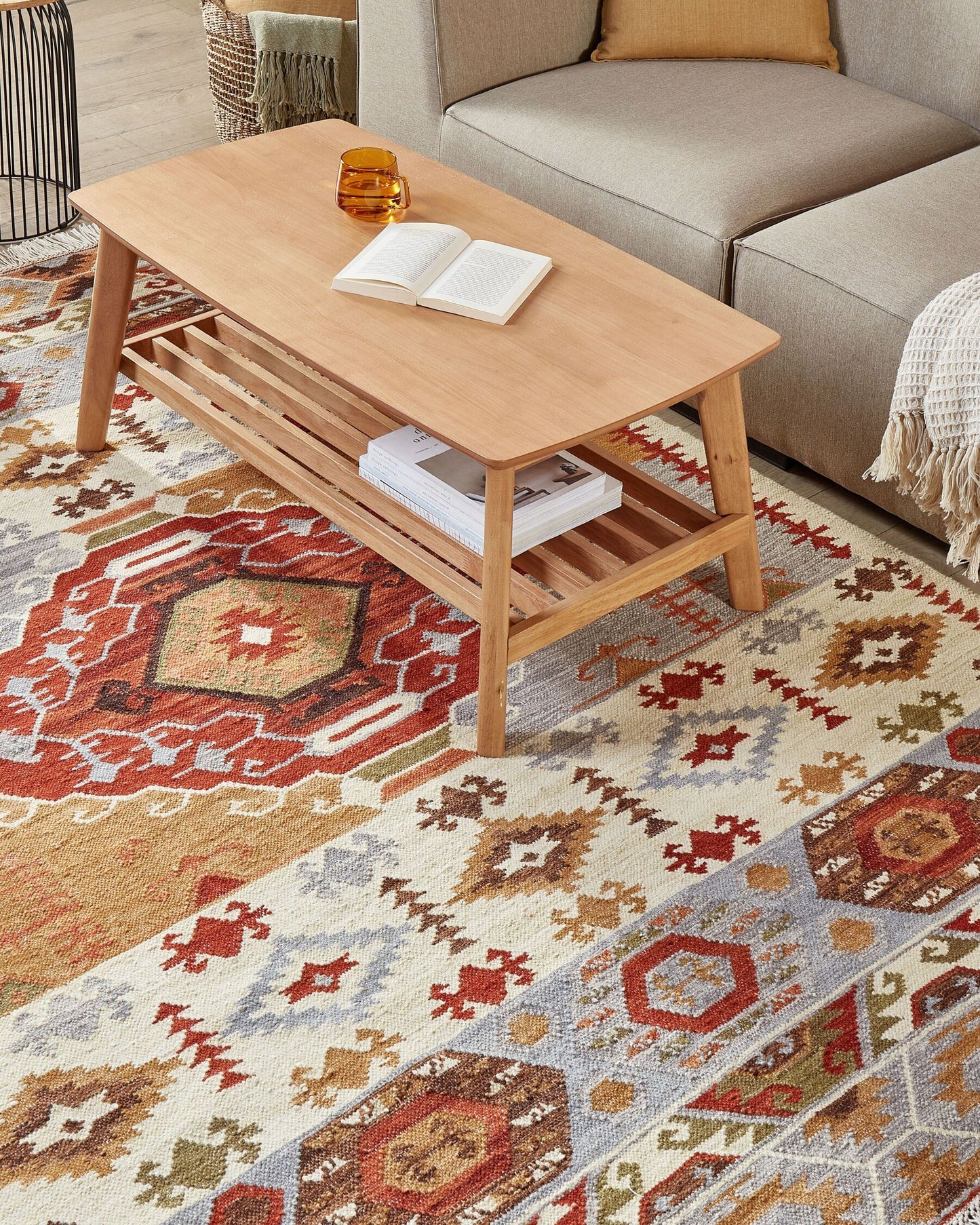 Alfombra kilim de lana naranja/marrón/gris 200 x 300 cm