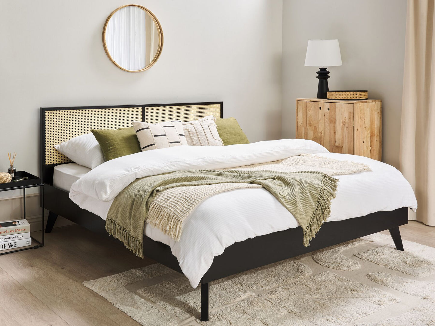 Cama con somier negro/madera clara 180 x 200 cm