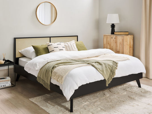 Cama con somier negro/madera clara 180 x 200 cm