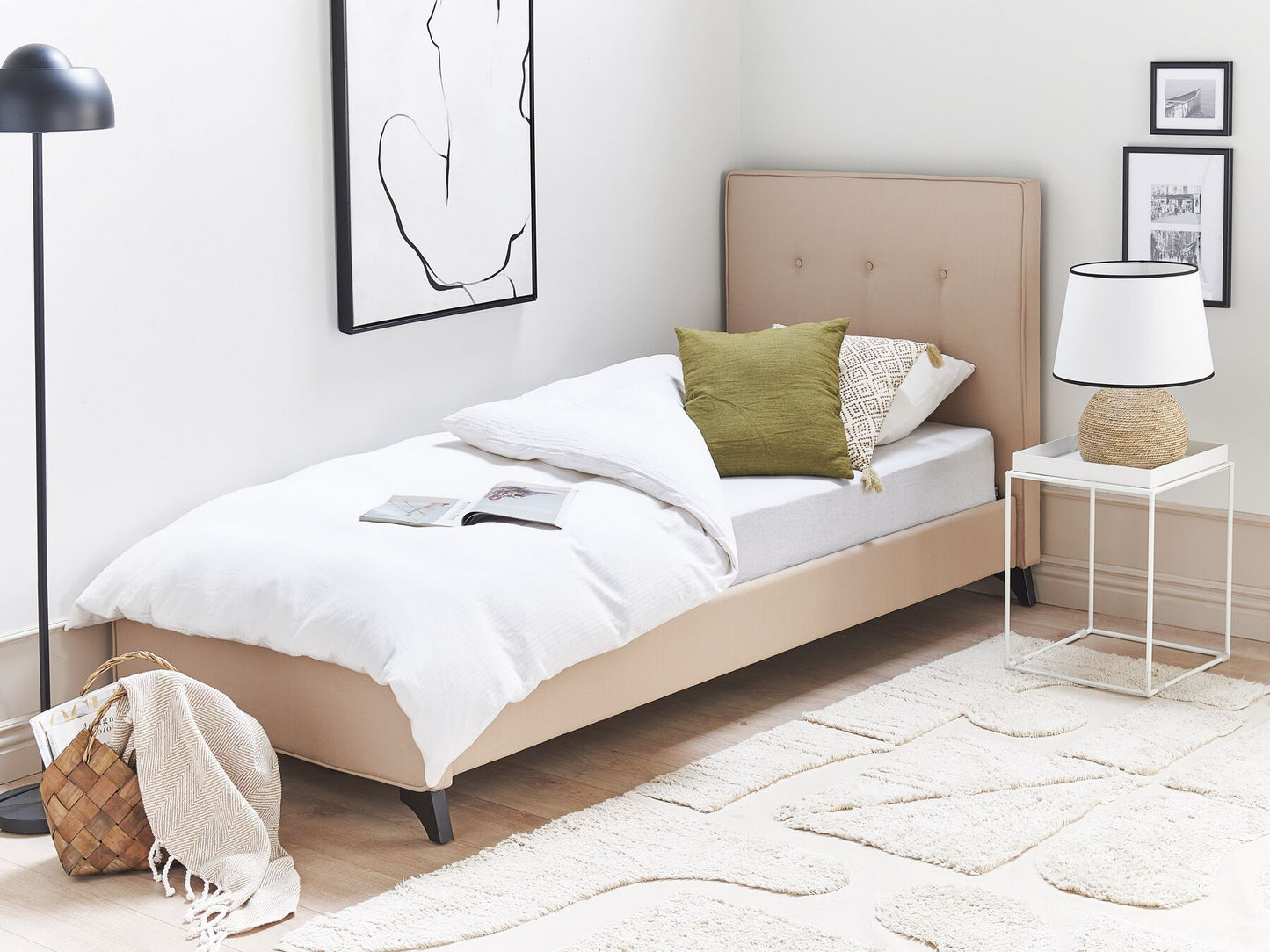 Cama con somier de poliéster beige/negro 90 x 200 cm