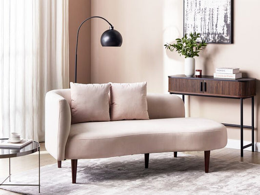 Chaise longue de terciopelo rosa pastel/madera oscura izquierdo