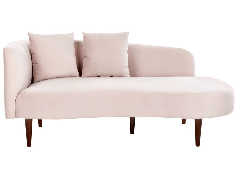 Chaise longue de terciopelo rosa pastel/madera oscura izquierdo