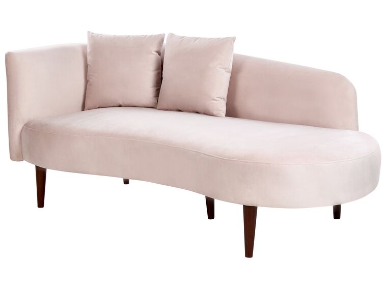 Chaise longue de terciopelo rosa pastel/madera oscura izquierdo