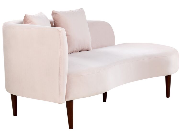 Chaise longue de terciopelo rosa pastel/madera oscura izquierdo