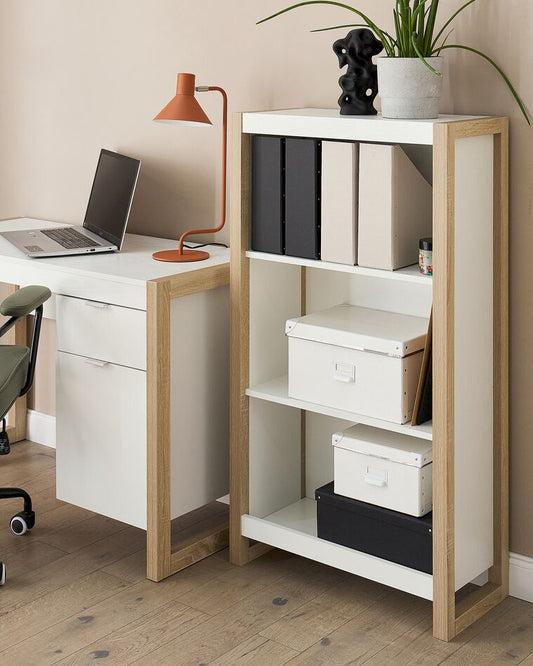 Librería de 3 niveles madera clara y blanco