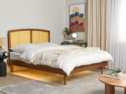 Cama LED de madera clara 160 x 200 cm