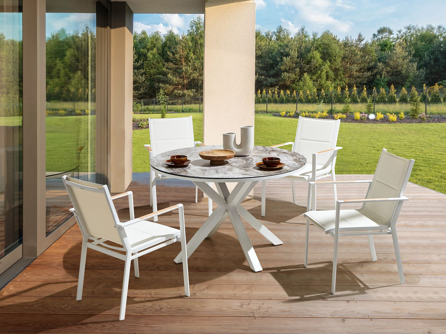 Mesa de jardín blanca con efecto mármol ⌀ 120 cm